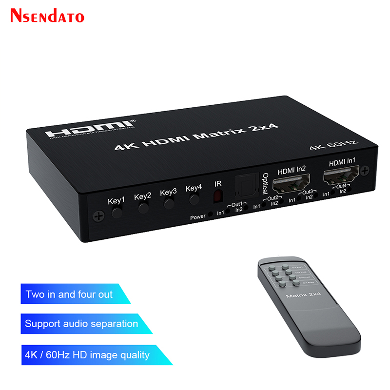 2x4 HDMI Matrix Switch 4K 60Hz HDMI Matrix 2 in 4 out Matrix HDMI Switch Splitter Audio Extractor voor Dolby PC naar TV Monitor: 2m