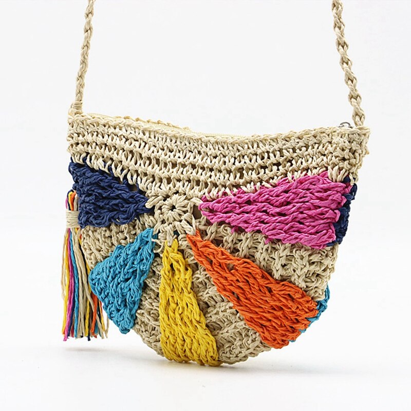 Di modo Crochet di Estate Borse Da Spiaggia Borsa Di Paglia Variopinto Della Boemia Della Nappa del Messaggero Della Spalla del Sacchetto Del Rattan Borsa Maglia Borsa