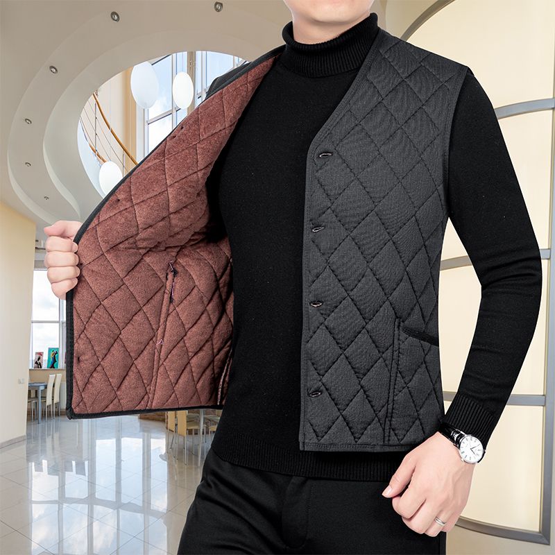 Otoño Invierno hombres espesar lana abrigos de algodón cálidos chalecos ropa de calle Casual ropa masculina chaquetas a cuadros sin mangas delgadas: XXL / Gris