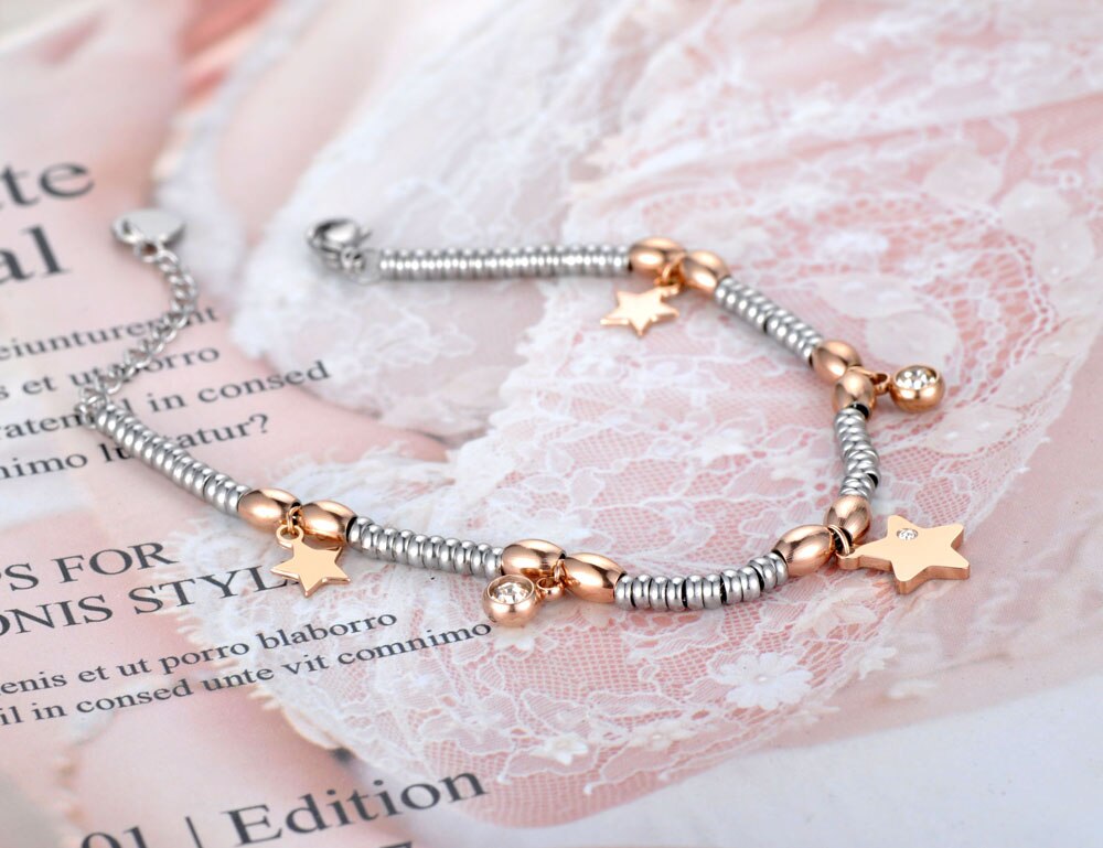 Lokaer titanio Acero inoxidable CZ cristal y pulseras amuleto de estrella para mujeres niñas oro rosa cadena y enlace pulsera joyería B19105