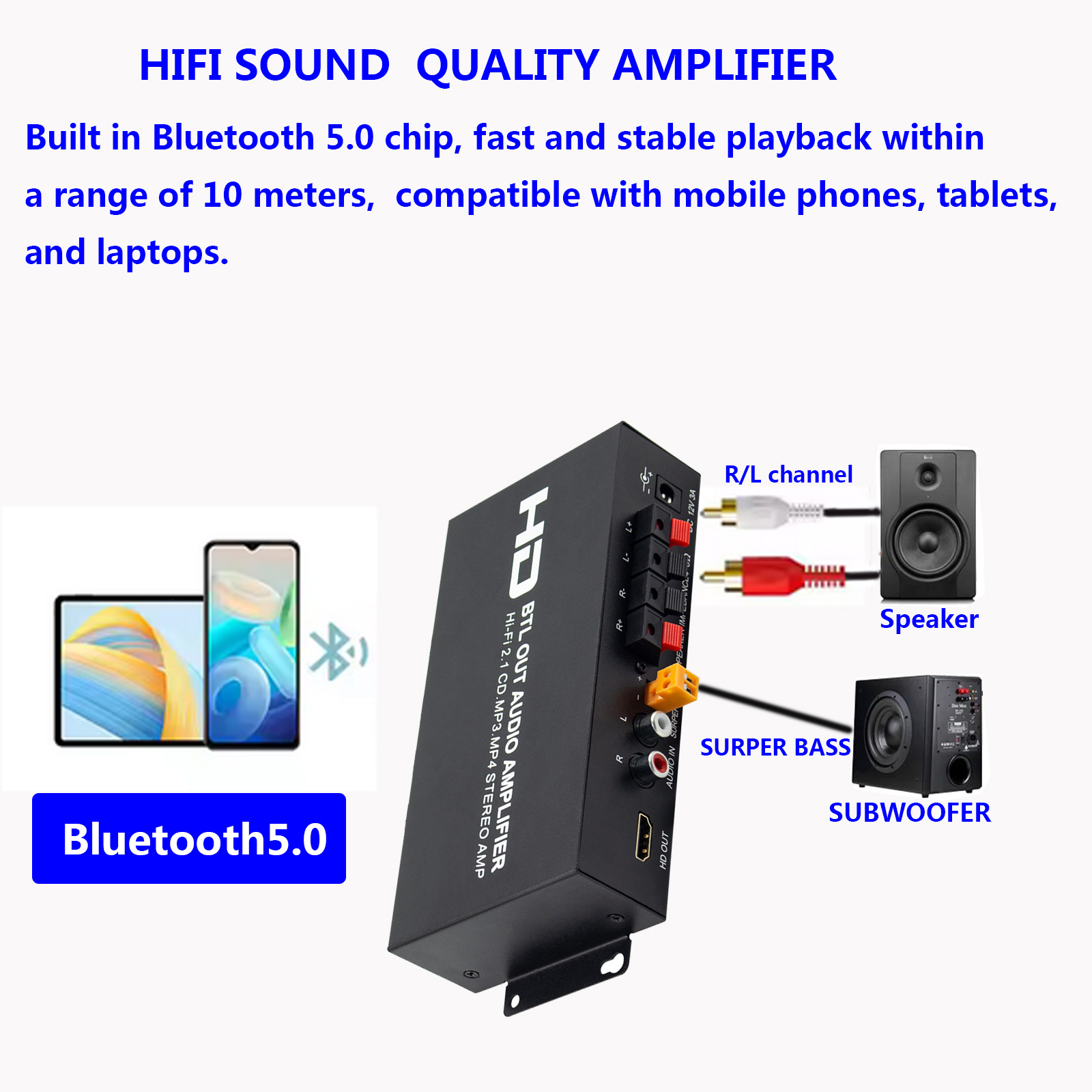 Wzmacniacz audio 80Wx2 Subwoofer HI-FI 2.1CH Audio RCA AUX HDMI Wzmacniacz Stereo Basowy Dźwięk Basowy MP3 Wzmacniacz Samochodowy