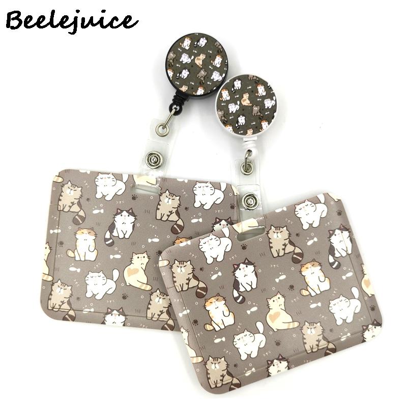 Grey Lovely Cute Cats Cute Card Cover Clip Lanyard Retractable Student Nurse Badge Clip Cartoon ID Card Badge Holder accessories