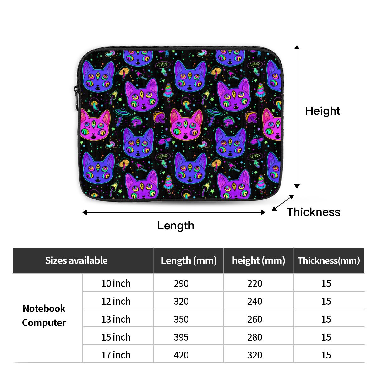 Shockproof Case 12 13 15 17 Inch Men Women Psychedelic Cat Laptop Bag Sleeve Notebook Sleeve Cover Bag