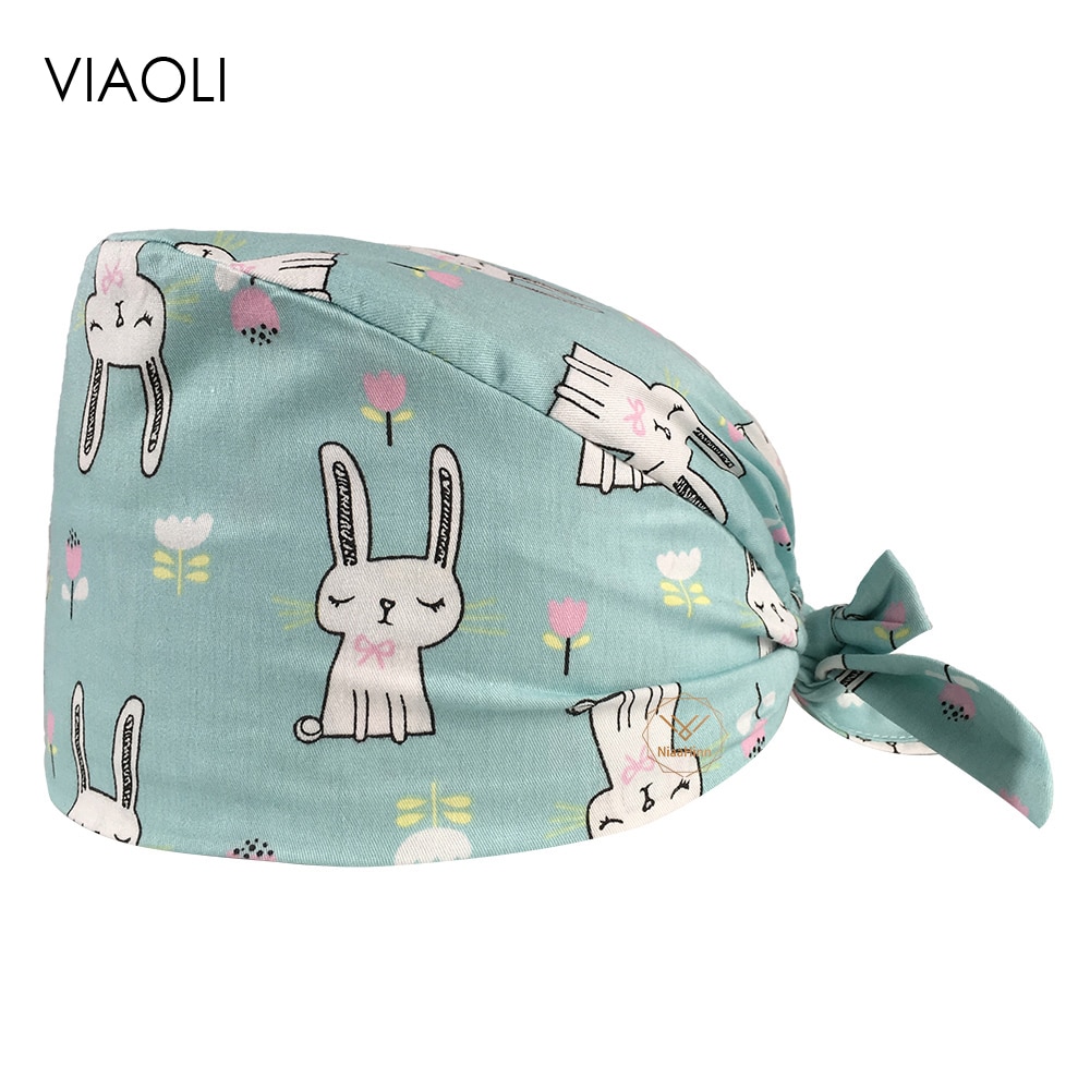 VIAOL-Estampado de caricaturas en algodón azul de orejas largas gorro de conejo exfoliante Centro de confinamiento gorras de trabajo salón de belleza spa trabajo scrubs sombreros