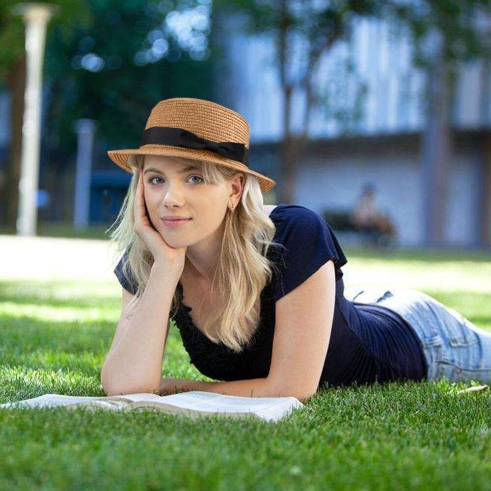 Sonnenhut freundlicher Hütte Sommer Kappe Stroh Hütte Frauen Sommer Mini Krempe Diskette Fedora Strand Kappe