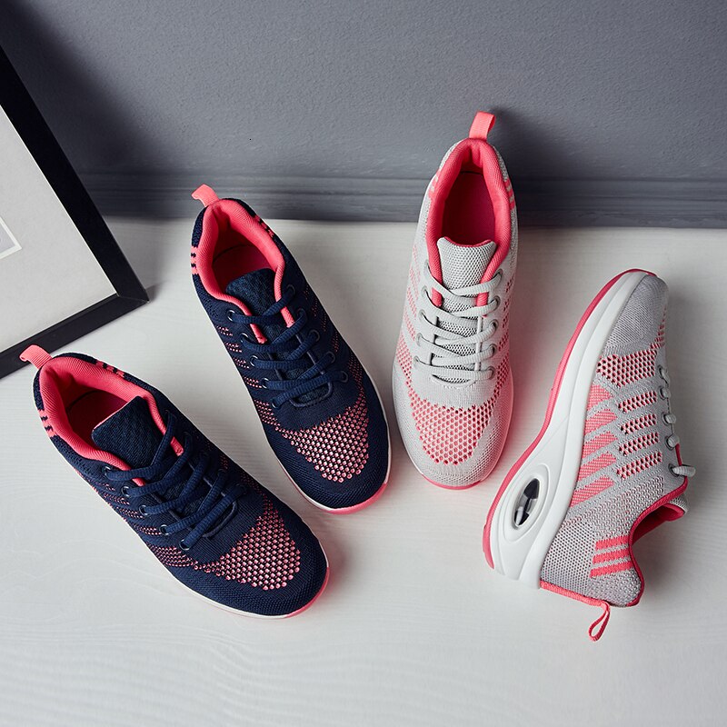 4 CM High Heel Sport Shoes Women Breathable Mesh Sneakers Air Cushion Soft Sole Gym Shoes Lace Up Outdoor Running Shoes Jogging