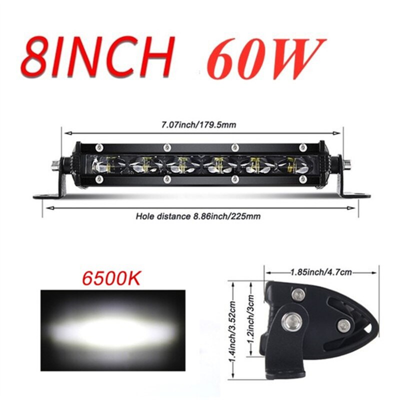 Super Slim Single Row 6D Lens Led Light Bar 8/14/20inch LED Driving Lamp Off Road Lights for Boat SUV Truck ATV Work Light: 8INCH 60W
