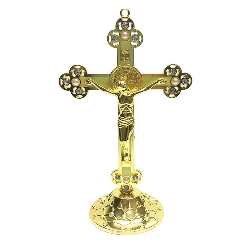 Cross Ornament Christus Katholieke Cross Beeldje Met Houten Basis Ambachten Voor Thuis Auto Kerk Desktop Decoratie Heilige Religieuze: 1