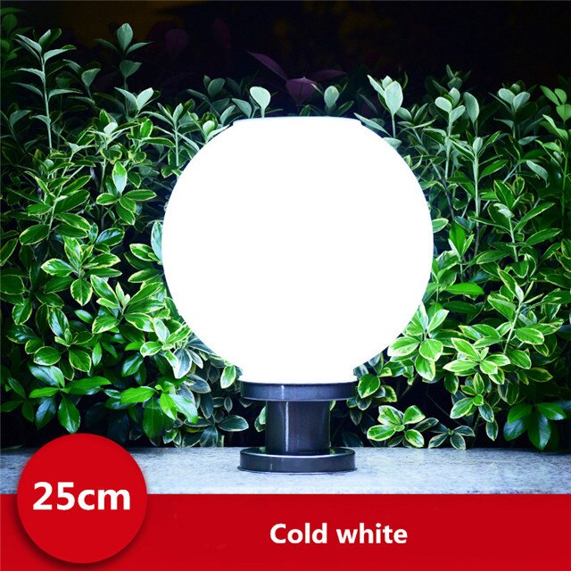Led rund boll rostfritt stål solar stolpe lampa utomhus  ip65 vattentät kolumn huvud ljus för trädgård villa pelare trädgård hotell: Kallvit -25cm / Svart bas