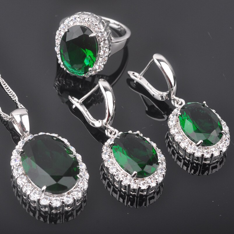 Bridal Jewelry Sets Women's Wedding Silver Color Green Crystal Ring Necklace And Earrings Set QZ0458
