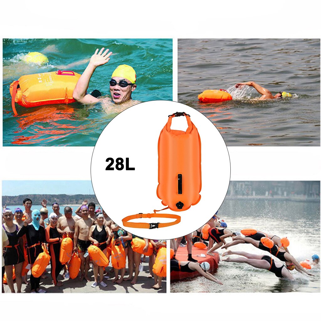 Inflatable Swim Buoy Safety Float Waterproof Air Open Water Swimming Dry Bag: 28L Orange 36x72cm