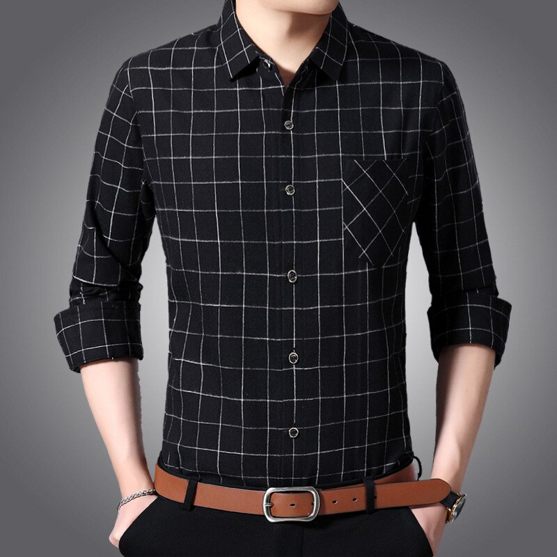 Jbersee Spring Autumn Men Dress Shirt Long Sleeve Black Shirt Korean Clothes Slim Fit Plaid Casual Shirts Mens Clothing: black / XXL