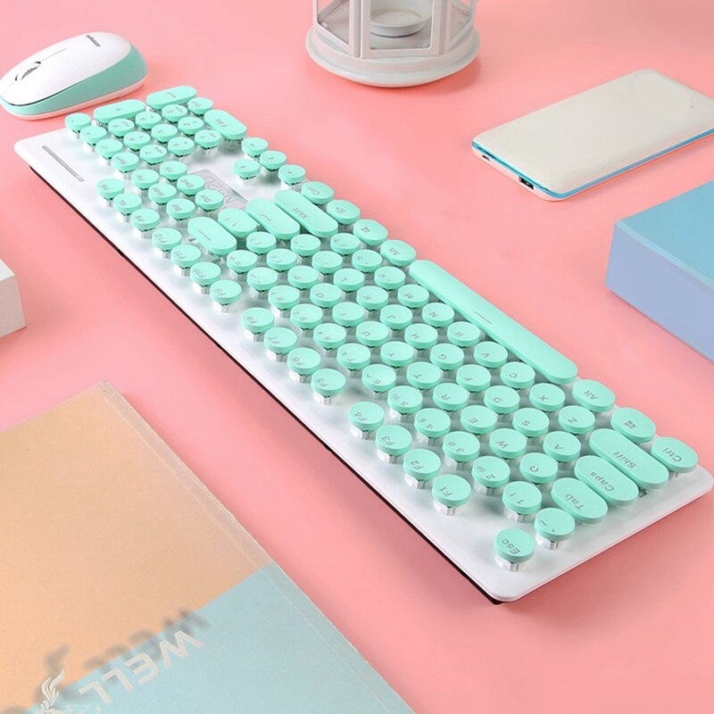 Retro Wired Gaming Keyboard and Wireless Mouse Kit Round Keycap Steampunk Keyboard Multimedia Button for PC Laptop: Green