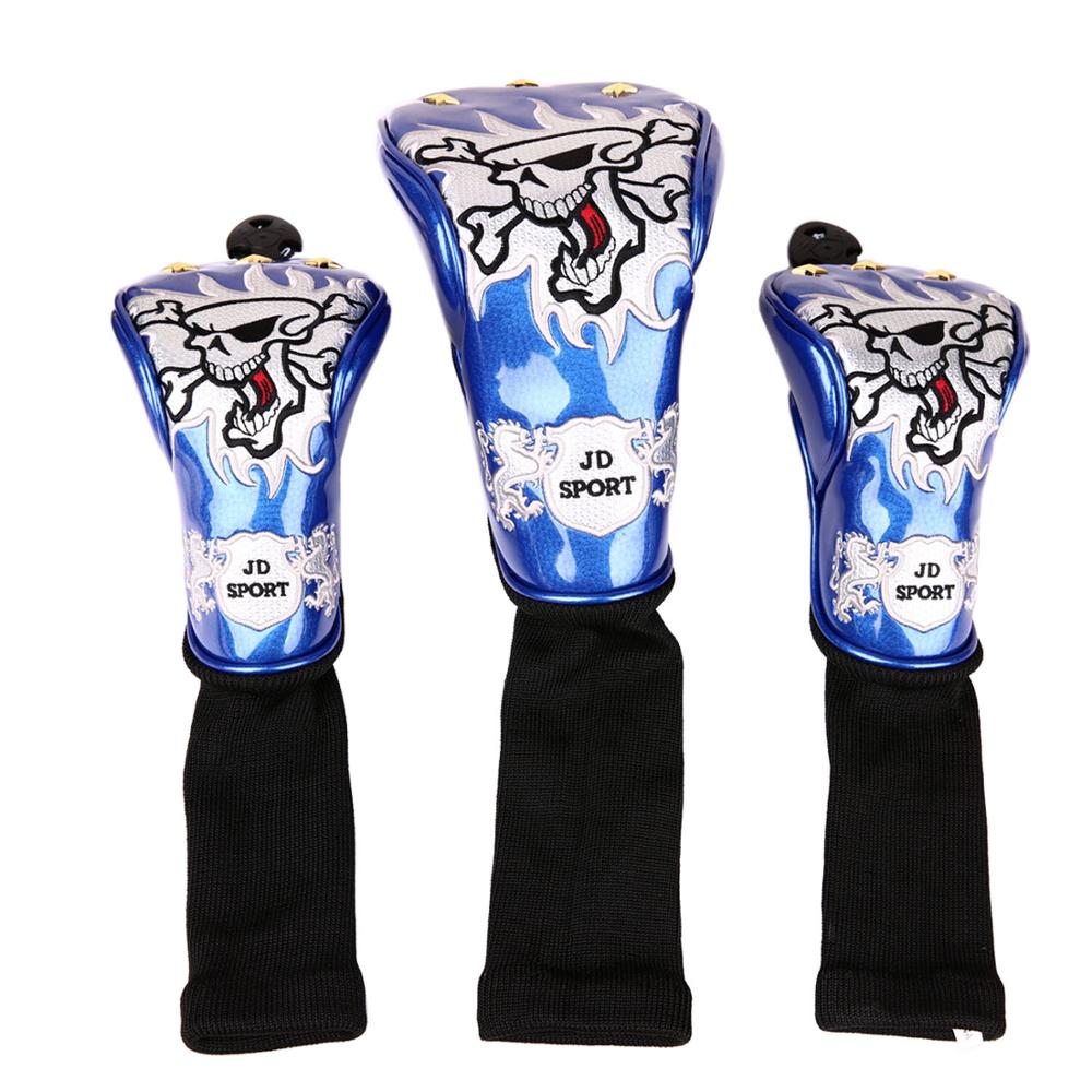3 stuks golfclub driver fairway houten headcover pu leer met schedelpatroon headcover zonder label 3 5 7 x