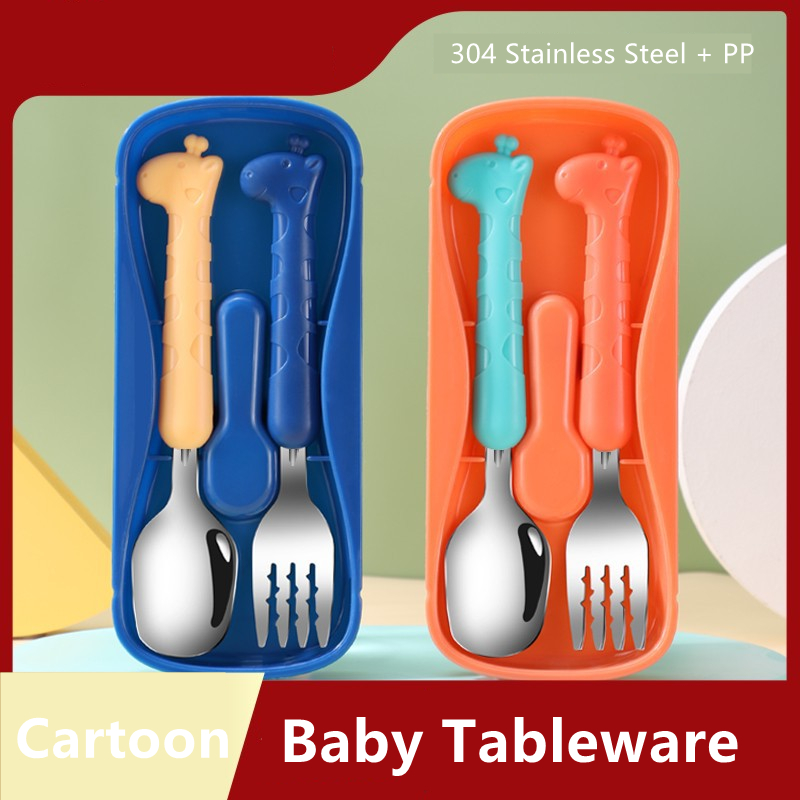 Baby servise sett barn redskap giraff spedbarn mat mat skje gaffel rustfritt stål småbarn servise bestikk gadgets