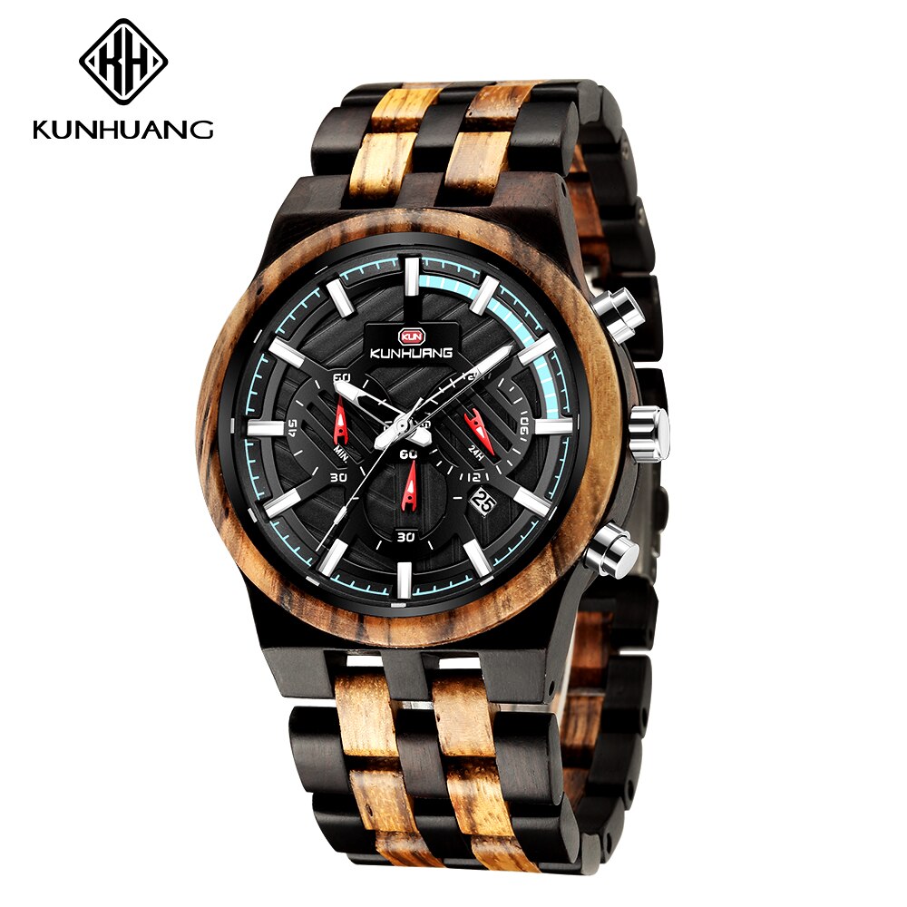 Sport Mannen Houten Horloge Grote Wijzerplaat Sandelhout Set Quartz Horloge Houten Horloges Voor Mannen: Coffee