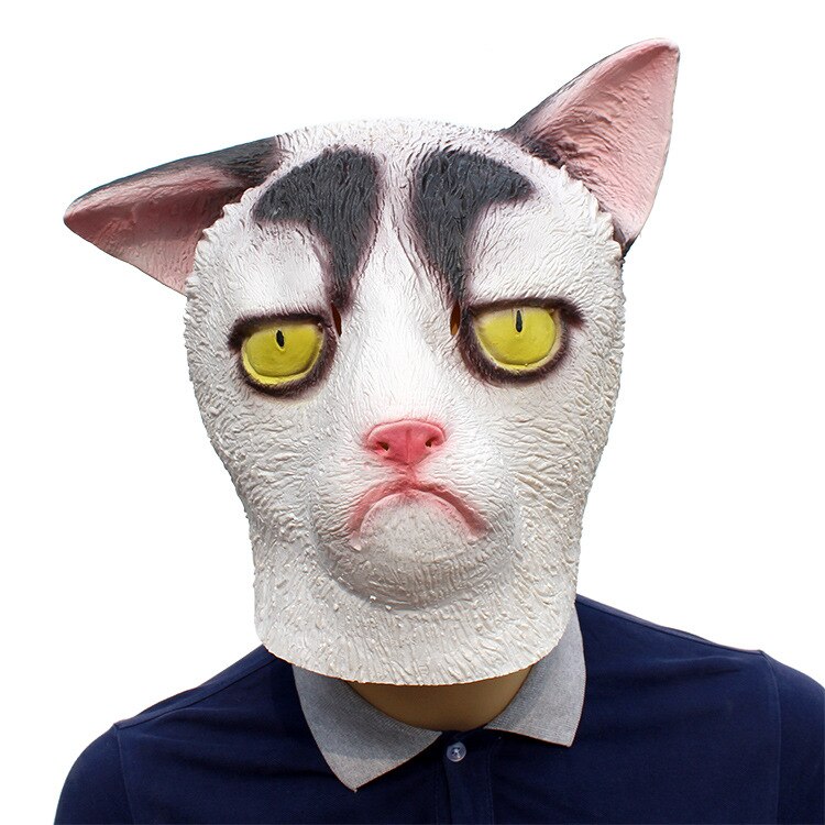 Unhappy Cat Mask Halloween Fancy Dress Cat Panther Latex Costume Full Face Mask Masquerade Props