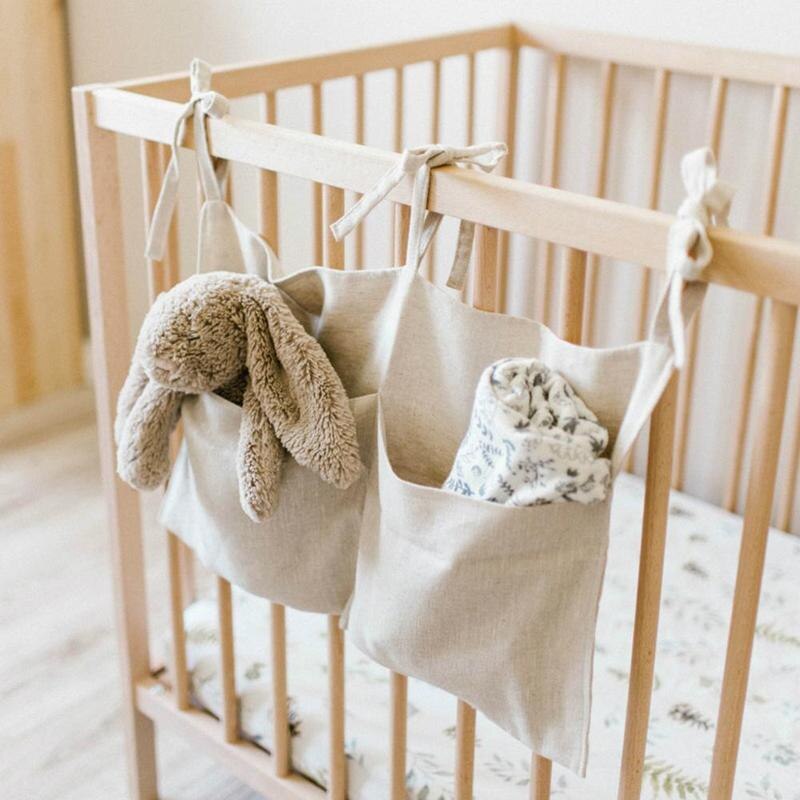 Baby bett lagerung hängenden beutel leinen doppel fach lagerung hängenden beutel multifunktionale windel tasche handtuch molaren spielzeug lagerung tasche