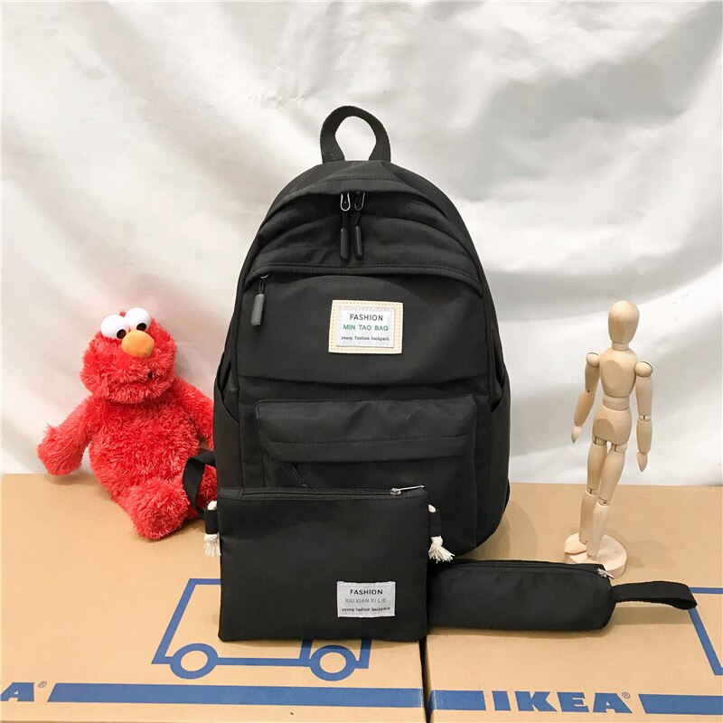 3 set Backpack Solid Color Casual Women Backpack Teenage Girl School Bag Student Girls Shoulder Bag Casual Mochilas: Black 3piece