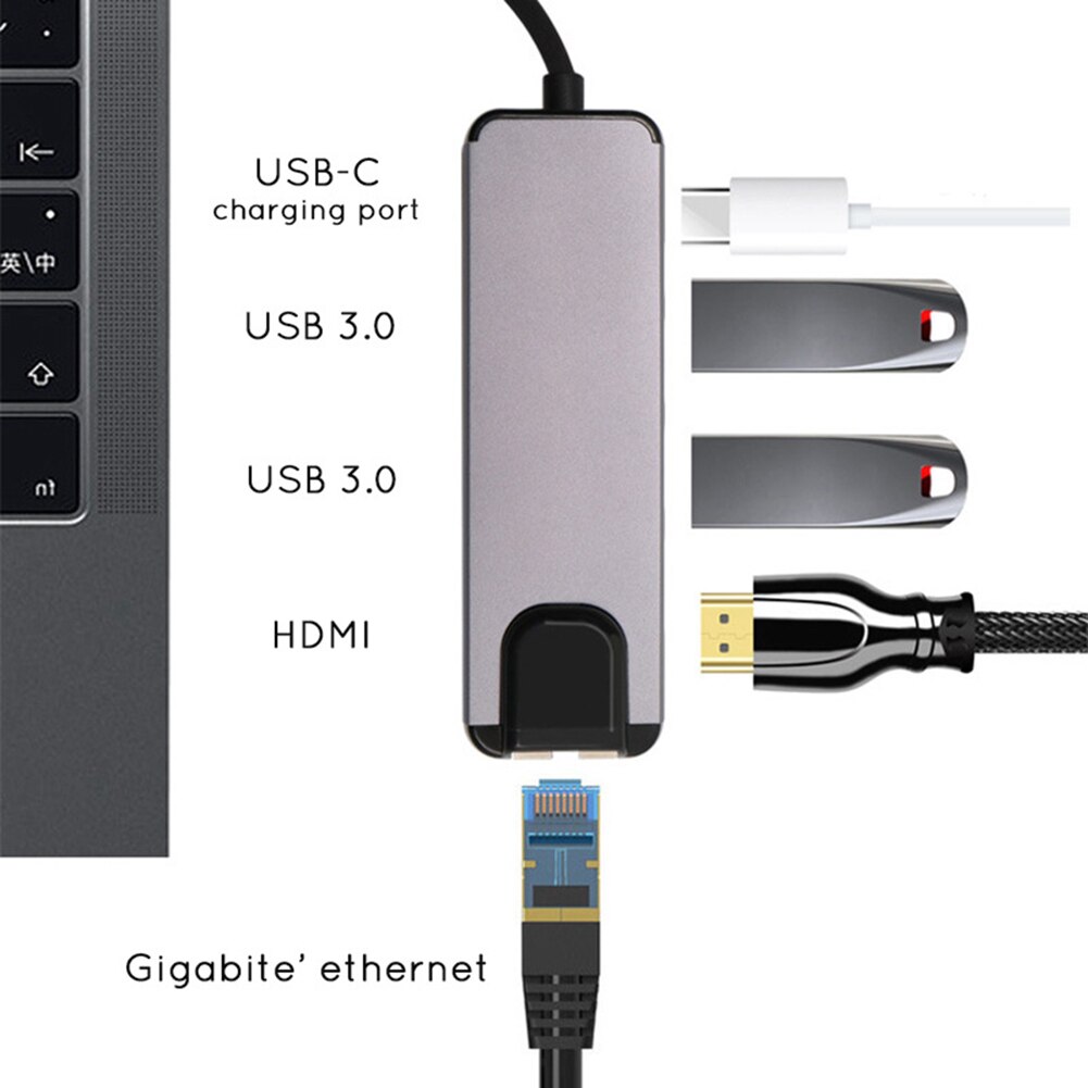 Uitbreiding Converter Adapter Coupler Type C Docking Station 5 In 1 Hub Converter 4K Hdmi-Compatibel 2 Usb 3.0 Lan RJ45 Adapter
