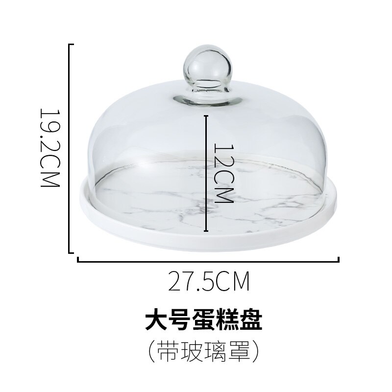 Ceramics Round Cake Pan Glass Cover Dessert Snack Tray Fruit Dessert Display Tray Photo Props Try Eating Cake Stand with Lid: 27.5x19.2cm