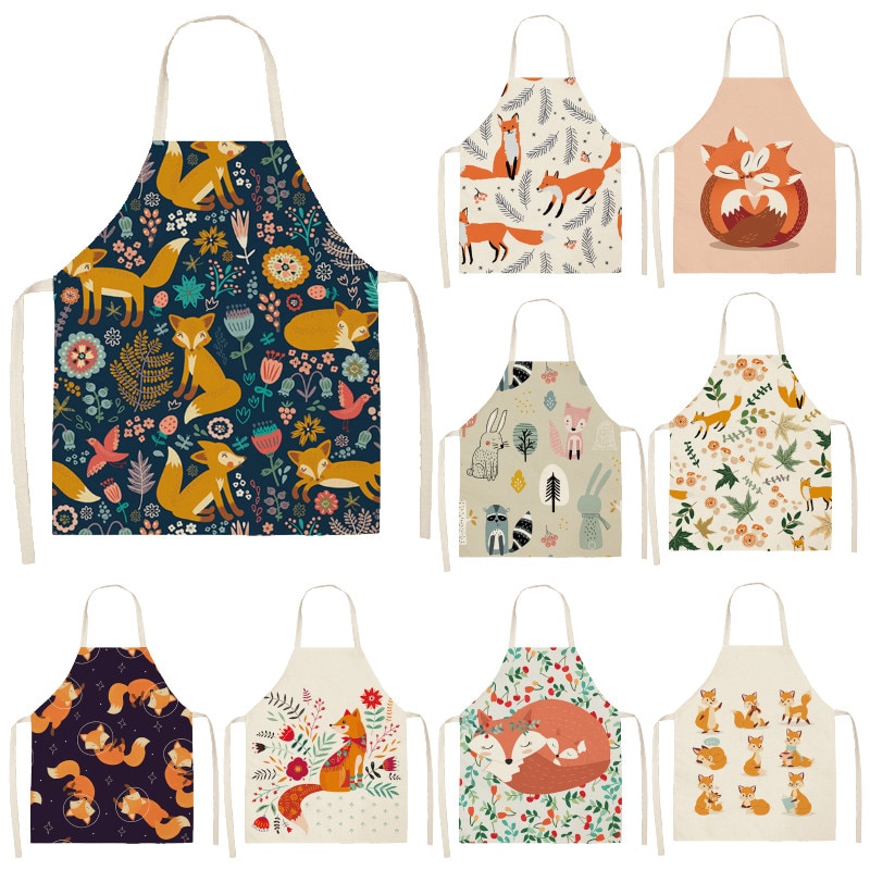 Kawaii Vos Gedrukt Mouwloze Schorten Keuken Volwassen Vrouwen Katoen Linnen Dier Overgooier Thuis Koken Bakken Taille Bib 53*65cm