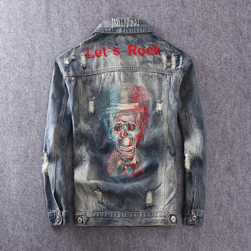 Men Jacket Skull Embroidery Punk Streetwear Style Ripped Denim Jacket Men Coat Rock Hip Hop Jean Jacket Hombre: Retro Blue / L