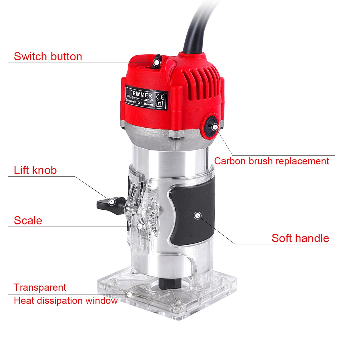 800W Wood Electric Trimmer Palm Router 1/4"Woodworking Joiner Cutting Palmming Tool 30000R/MIN