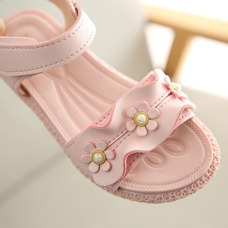Storlek 21-30 sandaler tjejer vita barn sommarskor barn sandaler för tjejer pu läder blommor prinsessskor tjejsandaler