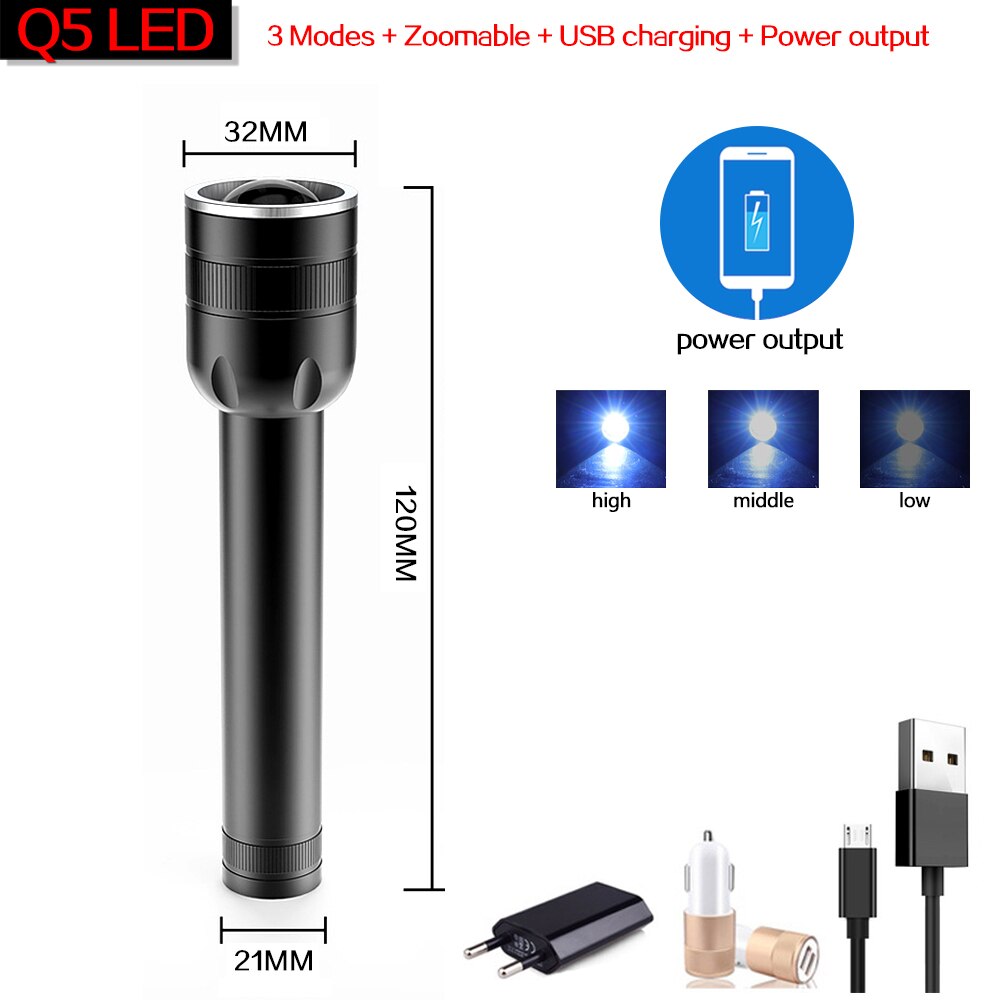 USB Rechargeable LED Flashlight With Q5 T6 LED Built-in 1800mAh lithium battery Waterproof camping light Zoomable Torch outdoor: Package B