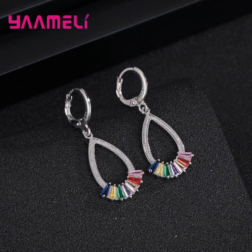 Elegante 925 Sterling Silber Frauen Schmuck setzt Bunte AAA Zirkon Klassische Wasser Tropfen Anhänger Halskette Band Ohrringe