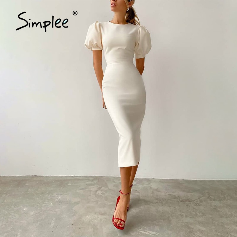Simplee – robe crayon de soirée blanche chic, manches courtes bouffantes, couleur unie, mi-longue, moulante, boîte de nuit, élégante, printemps,