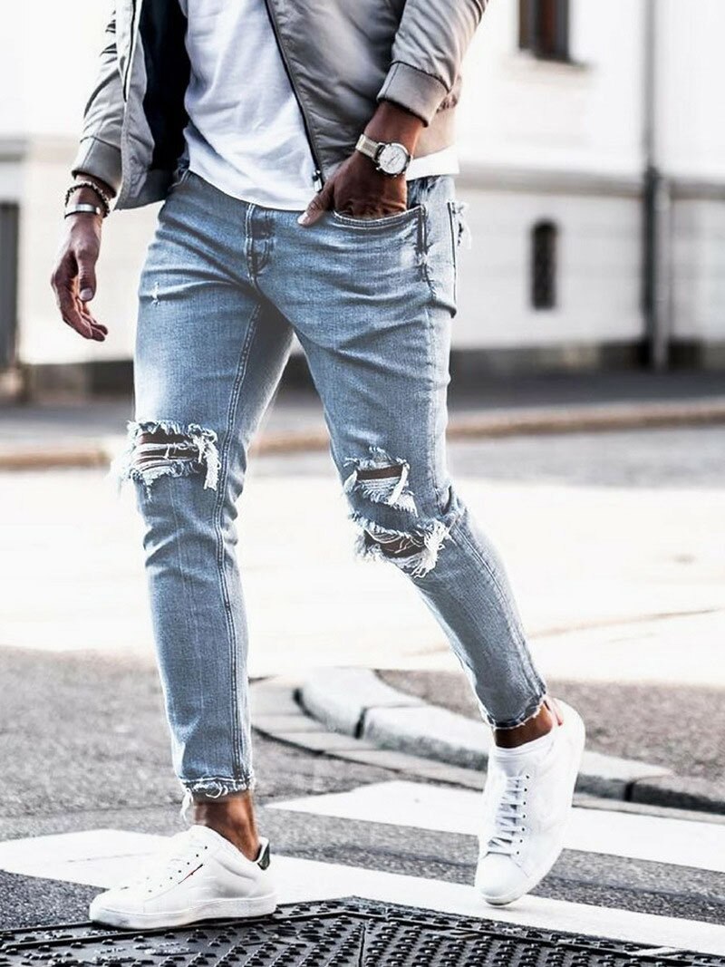 Los hombres de está roto con flecos bajo ajustado Stretch pantalones rasgados vaqueros Pantalon Homme bajo ajustado pantalones Herenkleding