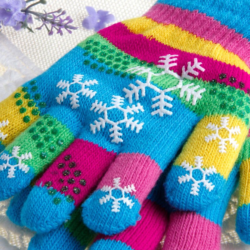 Herfst Winter Kinderen Bilaag Verdikte Sneeuw Print Gekleurde Garen Gebreide Handschoenen