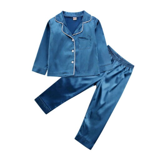 Kinderen satijnen pyjama's met knoopjes, peuters, babyjongens, meisjes, zijden pyjama's, pyjama's met satijnen set, nachtkleding voor kinderen, nachthemd: Blauw / 3t
