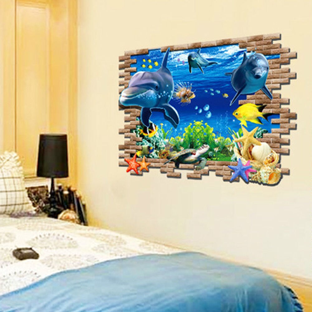 Pegatina de vinilo extraíble 3D de delfines del océano para pared, decoración del hogar de guardería para niños,