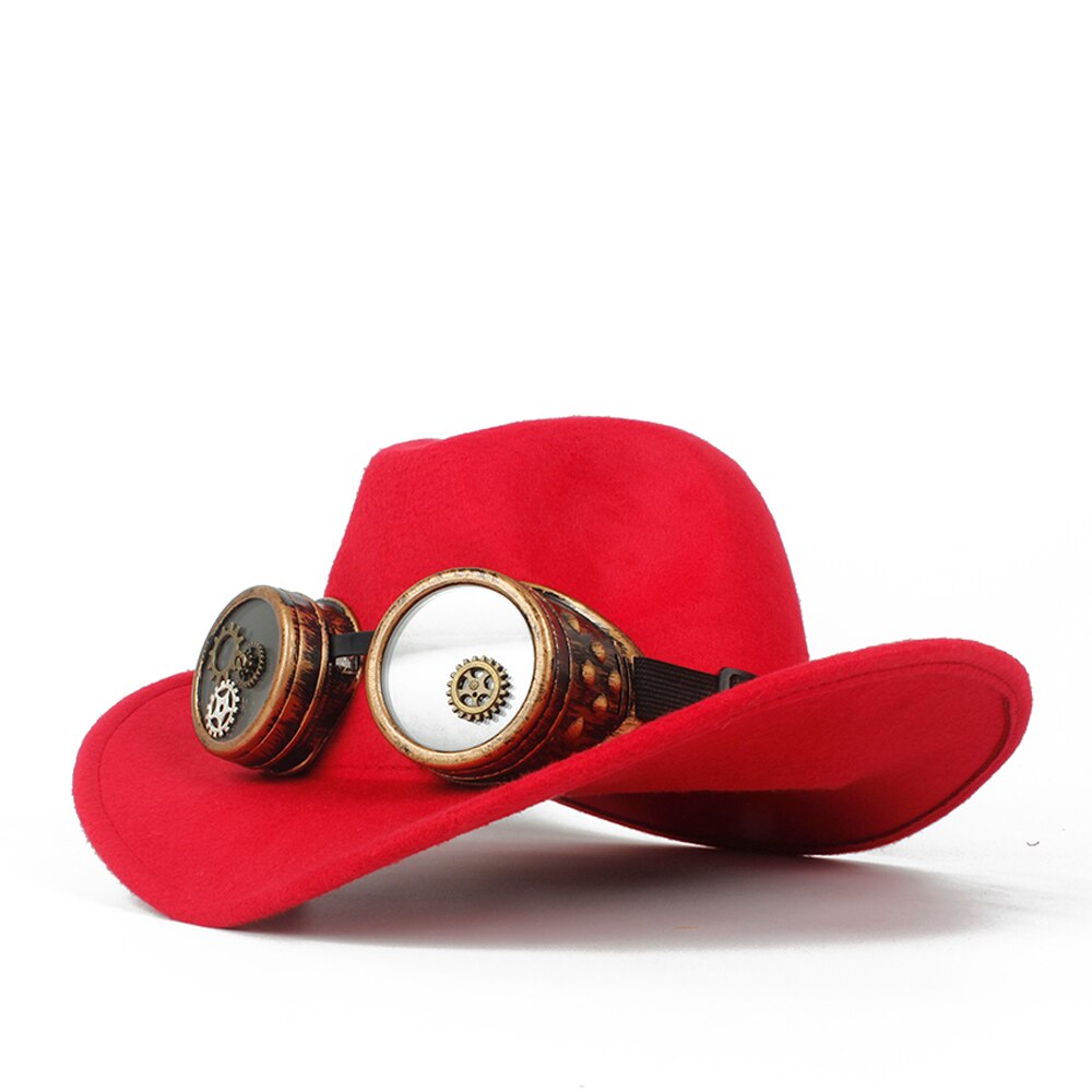 Sombrero de vaquero Steampunk para Hombre y mujer, Sombrero de lana con agujeros en el exterior, estilo occidental, Jazz, talla 56-58: Red