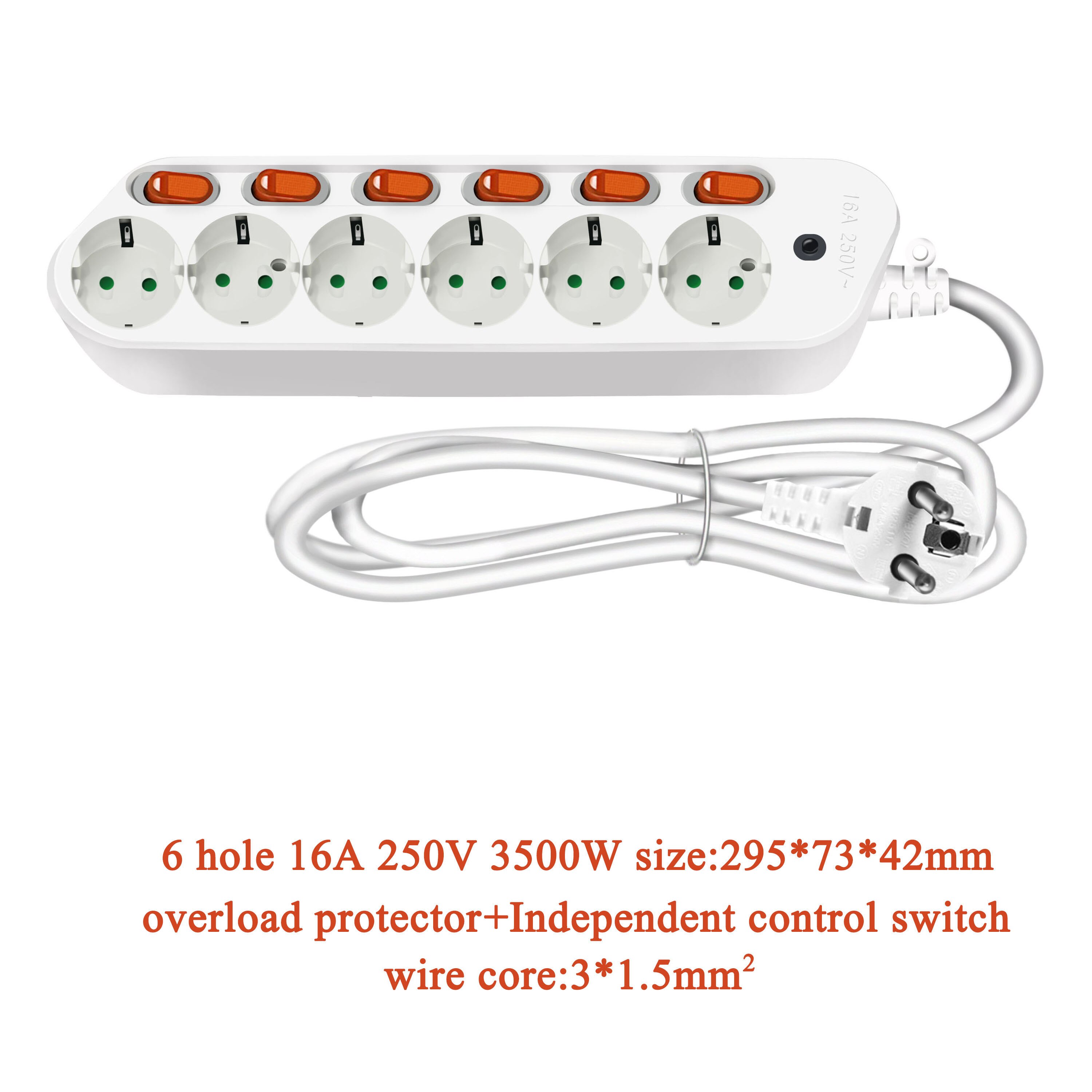 Multiprise Protection contre les surtensions prise ue 3/4/5/6 prises 10/16A prises d'extension électrique interrupteurs de commande indépendants cordon 2.5m: EU PLUG L1.5M / 6 AC Output