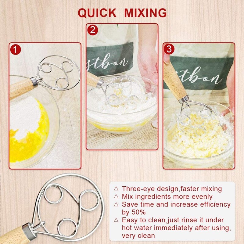 2 Packs of Danish Dough Mixer Stainless Steel Dutch Dough Mixer Bread Maker Wooden Handle Dough Mixer for Kitchen Baking