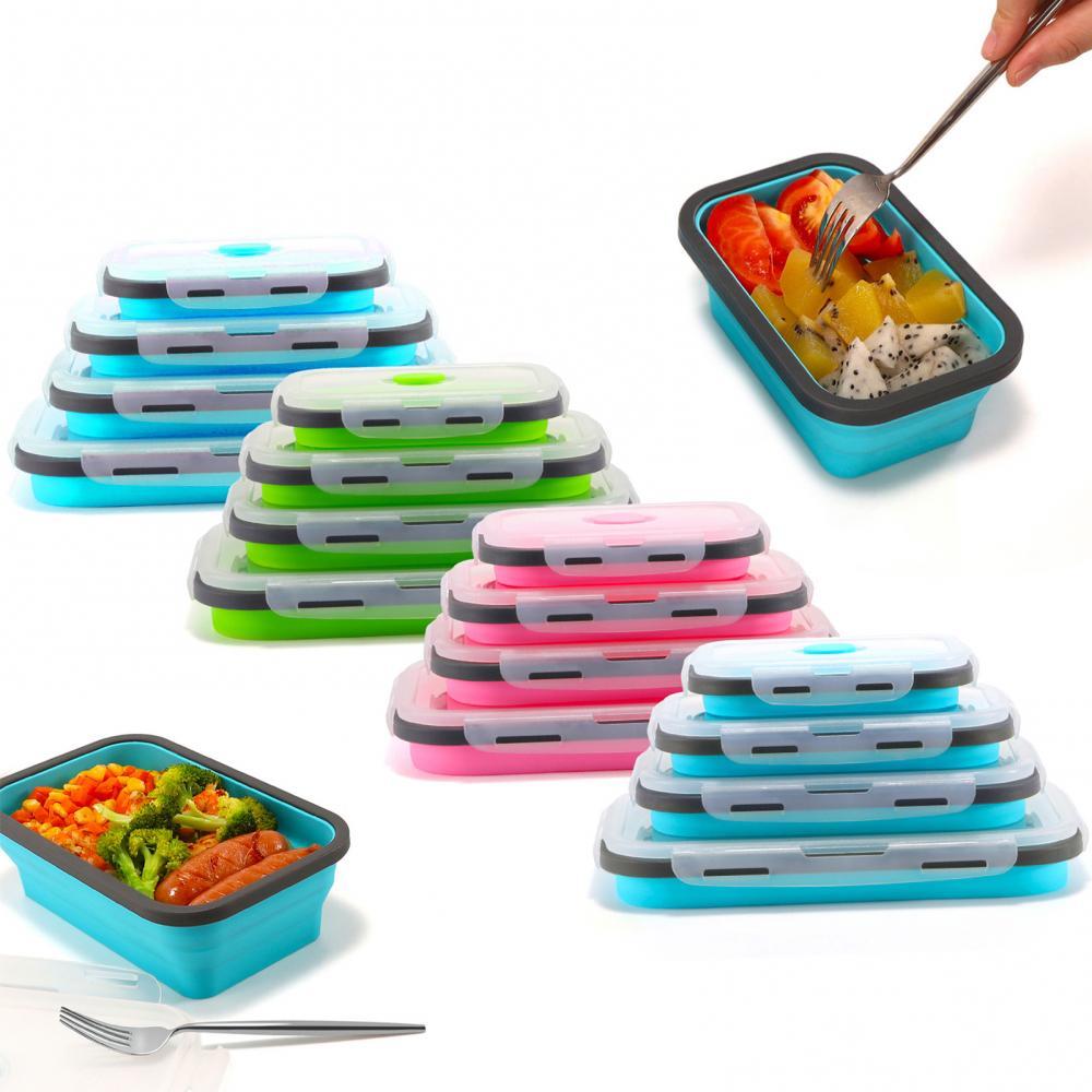60% Sales! 4Pcs Stackable Bento Food Container Foldable Silicone Lunchbox Fresh Keep Case