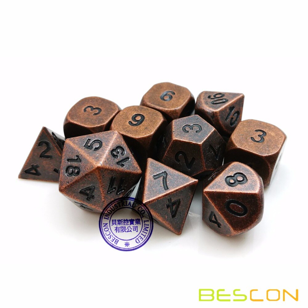 Bescon 10 Stuks Set Antieke Koperen Solide Metalen Polyhedral D & D Dobbelstenen Set, oude Koperen Metalen Rpg Rol Playing Game Dobbelstenen 7 + 3 Extra D6s'