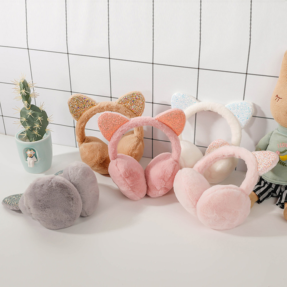 Orejeras de felpa con orejas de gato para niño, orejeras bonitas y cálidas para exteriores, de lentejuelas brillantes, suaves, diadema para niño, 6 colores