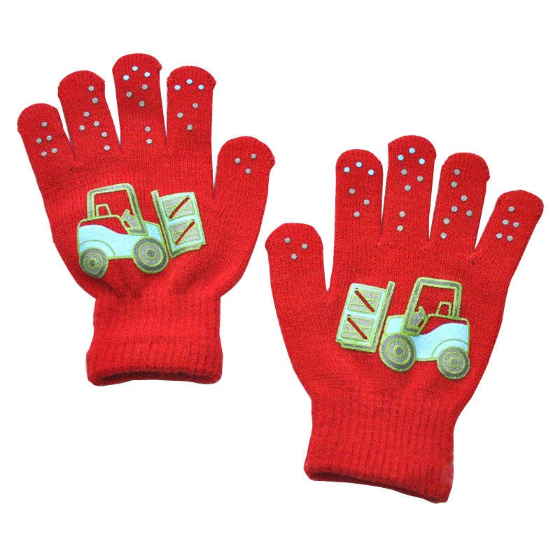 Warmom 6-12Y Children Winter Cold And Warm Outdoor Sports Knitted Gloves Small Engineering Vehicle Pattern Printing Gloves: Red