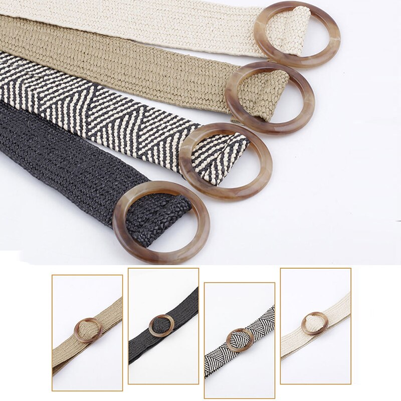 Wax Rope Straw Square Buckle Waist Belt Elastic Braided Knitted Belt Skirt Belt Woman Vintage Knitted Woven Waist Belt