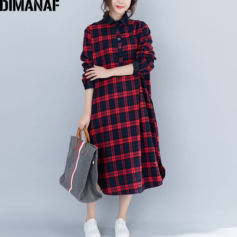 Dimanaf naisten mekot pitkähihaiset puuvilla vintage naisten vaatteet isot koot vestidos löysä printti ruudullinen naisten mekko syksy