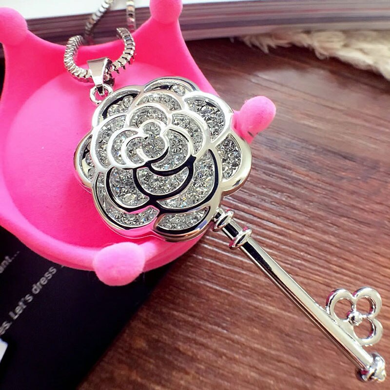 Rose Bloem Sleutel Hanger Lange Ketting Vrouwen Koreaanse Luxe Sieraden Collier Femalel Collana Colar Ketting