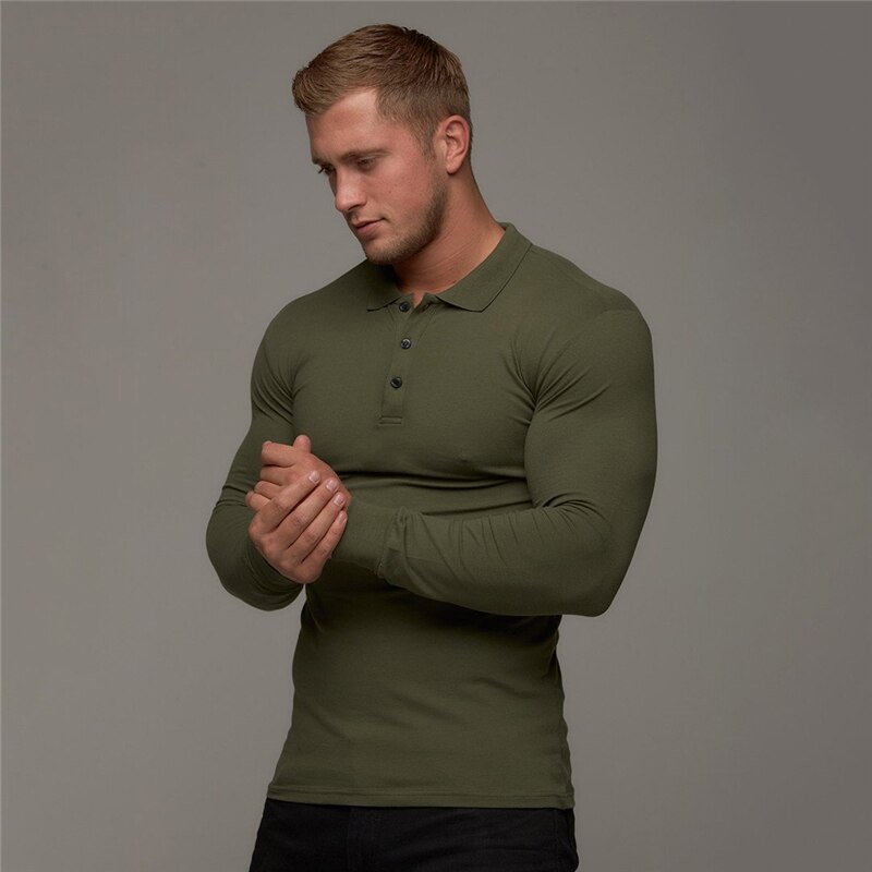 Vår høst poloskjorte herre bomull slank passe polo menn vanlig treningsstudio Fitness pustende virksomhet langermet poloskjorte
