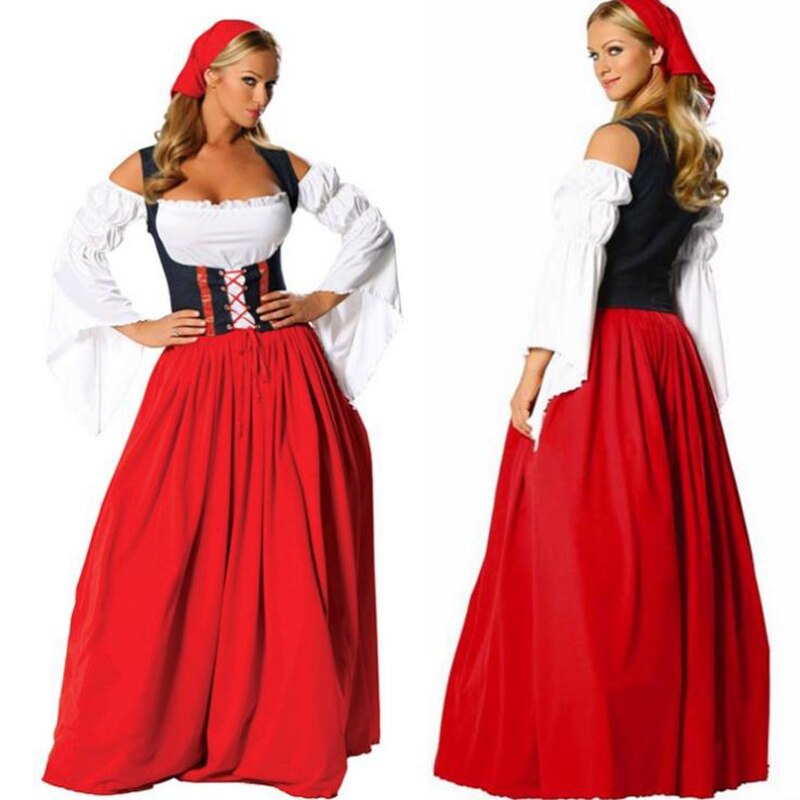 Plus size lange røde kvinder tjener oktoberfest ølpige bondekjole kostume tyske piger kostume wench m-xl