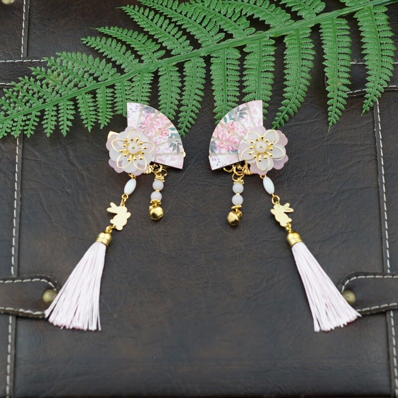 1 Pair Chinese Style Girls Handmade Fan-shaped Hair Clips With Tassels Kids Hair Accessories