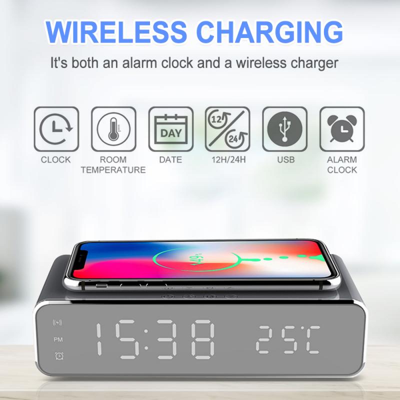 LED Electric Alarm Clock With Phone Charger Wireless Desktop Digital Thermometer Clock HD Clock Mirror With Time Memory